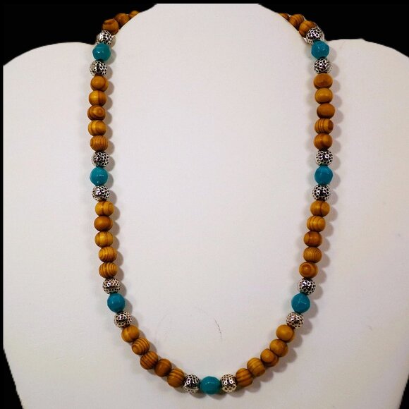 Wood bead necklace created with turquoise color beads and textured silver beads. - Picture 6 of 11